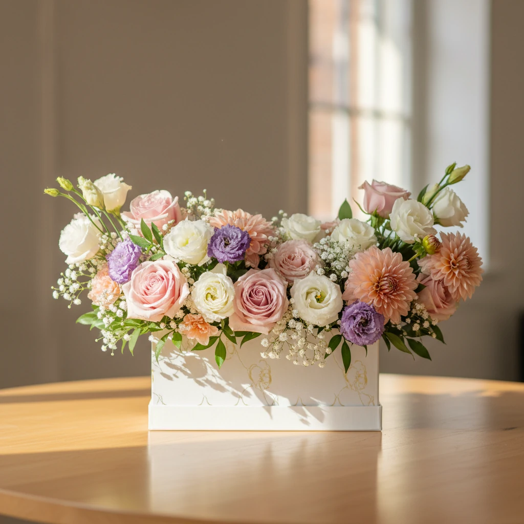 باکس گل تولد با گل‌های تازه و ترکیب رنگ شیک روی میز چوبی