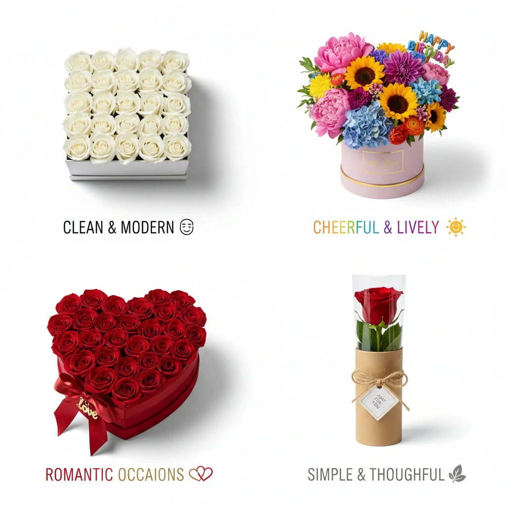 تصویر مقایسه‌ای از مدل‌های مختلف ایده‌های باکس گل شامل باکس مینیمال سفید، باکس گل تولد رنگارنگ، باکس قلبی رز قرمز عاشقانه و باکس تک‌گل اقتصادی