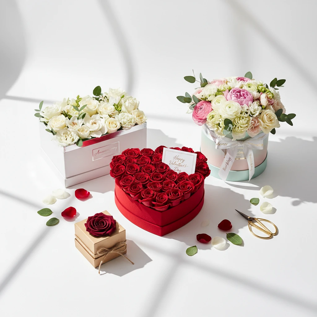 چیدمان فلتلی از انواع باکس گل شامل باکس قلبی رز قرمز برای ولنتاین، باکس گل تولد رنگارنگ، باکس سفید مینیمال مخصوص سالگرد و باکس تکگل اقتصادی با نور طبیعی