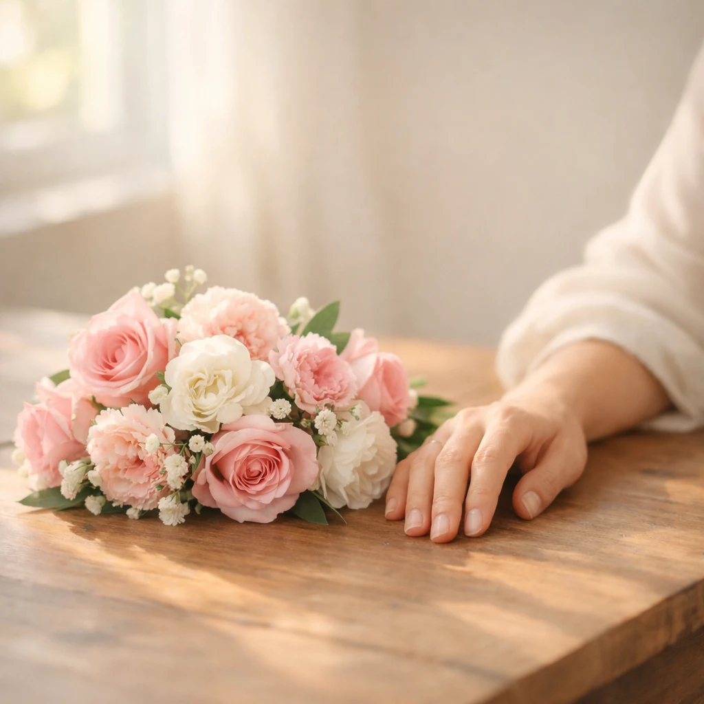 تصویری احساسی از دسته گل صورتی و سفید روی میز چوبی با نور طبیعی، نمادی از مفهوم و فلسفه روز مادر