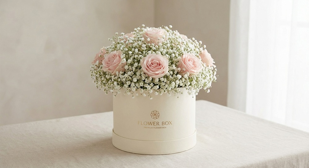 باکس گل فانتزی با ترکیب گل ژیپسوفیلا و رز صورتی، مناسب هدیه خاص و لاکچری